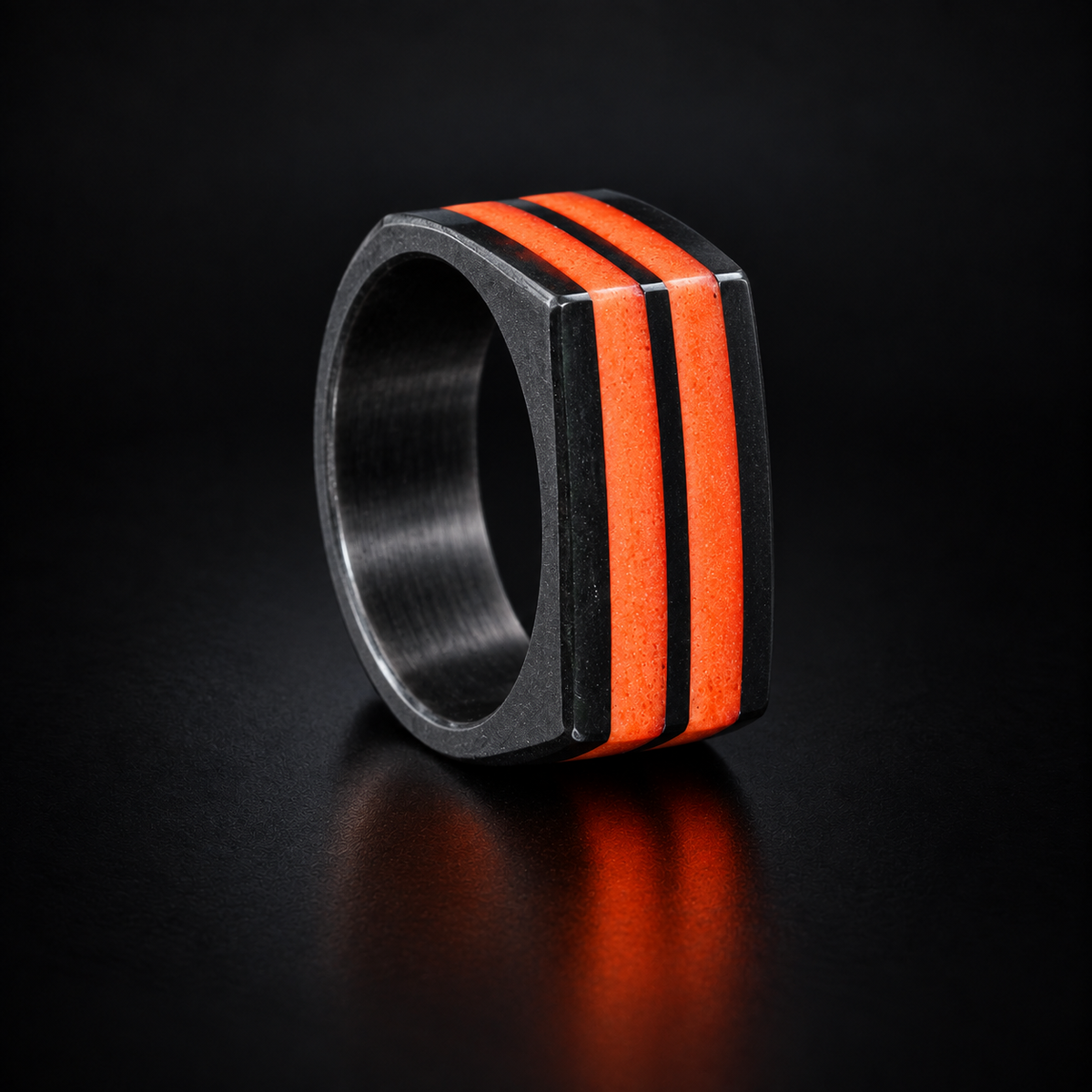 2 Band Super Lume Signet silver ring in an upright three-quarter view on a dark background