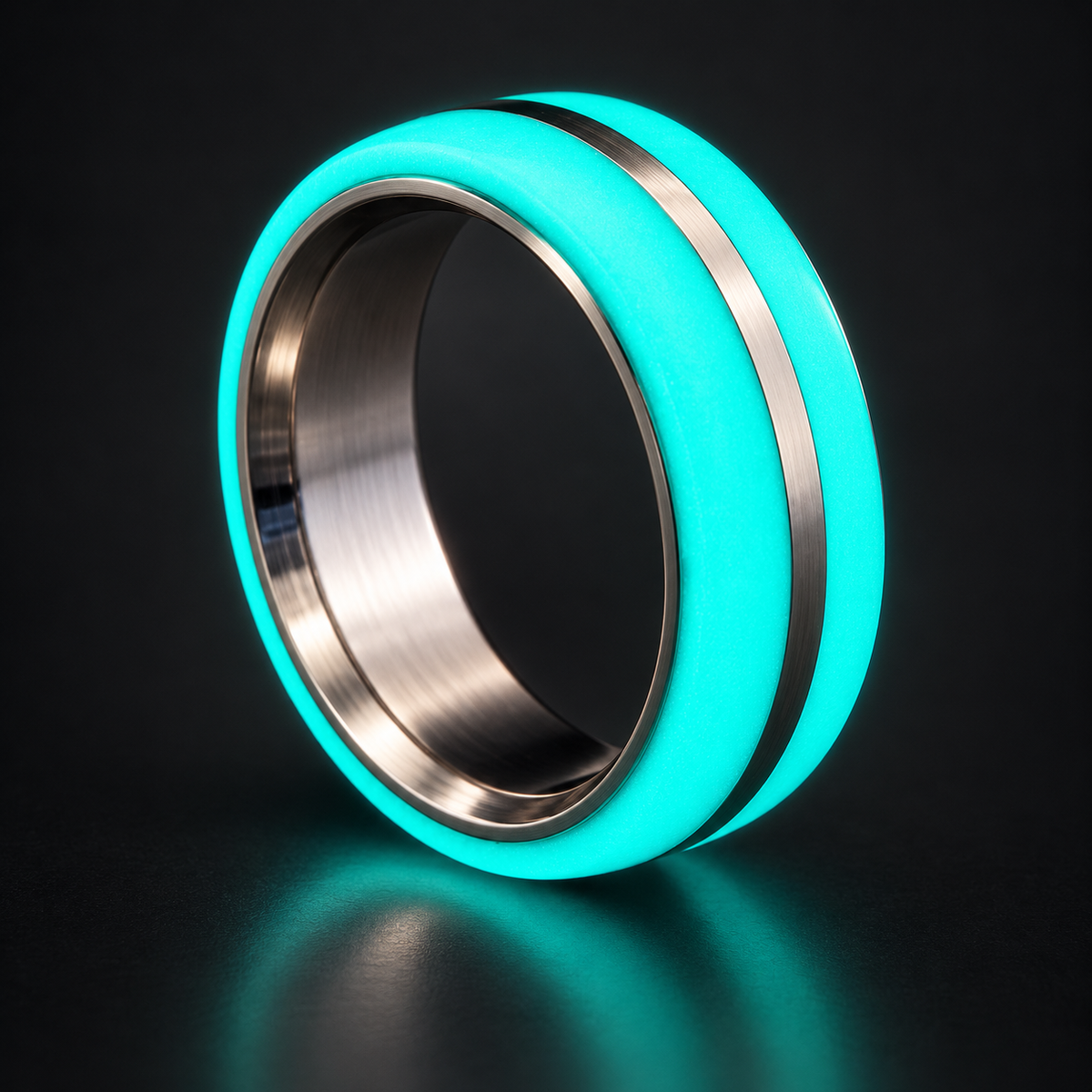 Titanium Oracle titanium glow ring with two aqua luminous bands