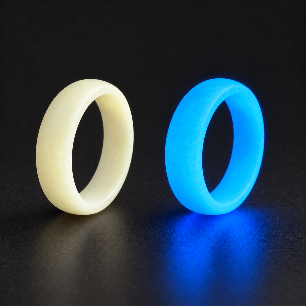Finished satin Cobalt Halo ring shown in daylight ivory and cobalt blue glow states