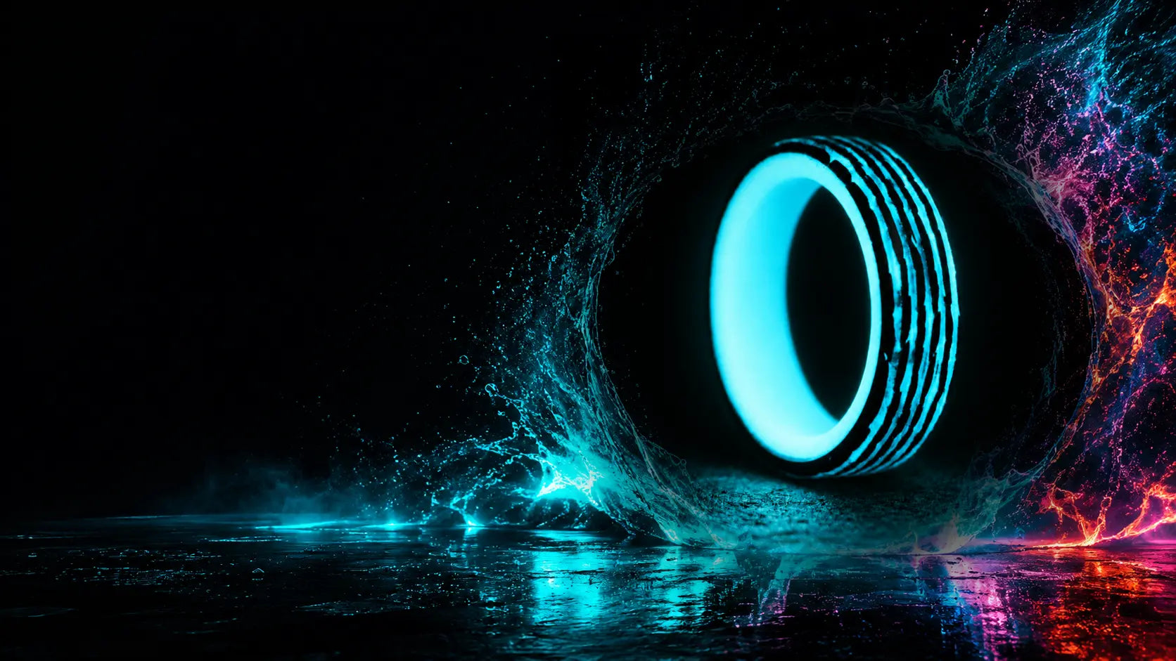 A black ring with an intense aqua glow surrounded by a colorful liquid-light splash